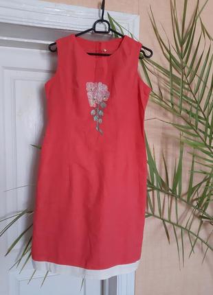 Яркое льняное платьице цвета коралл