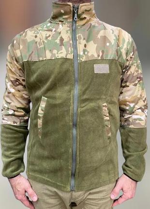 Армейская кофта флисовая kafkas, теплая, размер m, олива, вставки мультикам на рукава, плечи, карманы