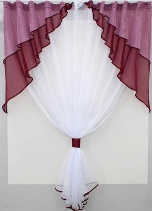 Кухонний комплект (290х170см) тюль і ламбрекен. колір бордовий з рожевим та білим