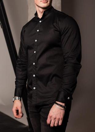 Мужская рубашка классическая с длинным рукавом сasual черная рубашка приталенная воротник стойка8 фото