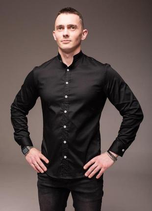 Мужская рубашка классическая с длинным рукавом сasual черная рубашка приталенная воротник стойка4 фото