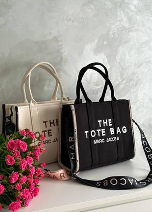 Сумка в стилі tote bag marc jacobs шопер текстиль беж чорна1 фото