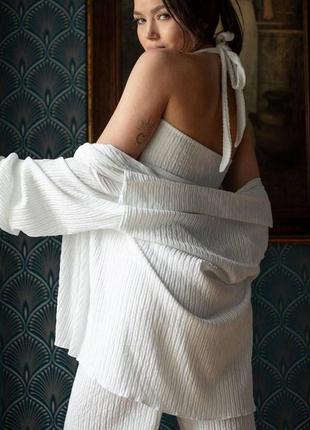 Стильный женский белый универсальный костюм тройка рубашка топ штаны «dominica» ткань вискоза жатка4 фото