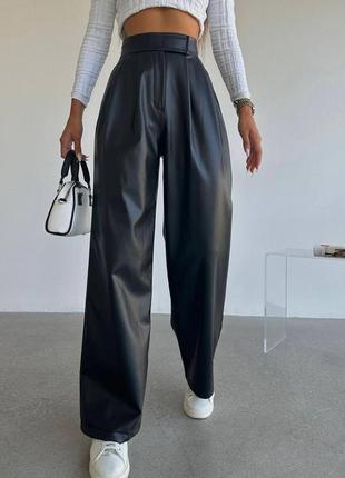 Модные кожаные брюки, женские брюки из экокожи, стильные широкие черные брюки2 фото