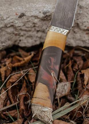 Нож ручной работы из витого дамаска «кабан #18» с кожаными ножнами/60 hrc3 фото