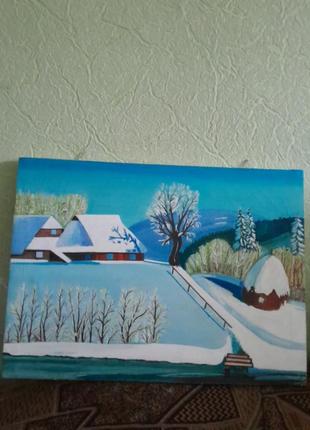 Картина на полотні,,село на прикарпатті взимку"