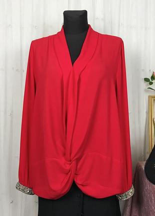 Красная шифоновая блуза на запах с манжетами украшенными камнями бисером  ashley brooke