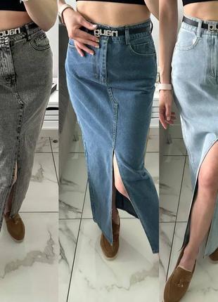 Довга спідниця джинсова з розрізом спереду. длинная юбка ддинс с разрезом, пояс в подарок