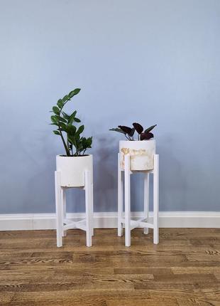 Підставки для вазонів та квітів дерев'яні wooddecor комплект в білому кольорі середня і низька3 фото