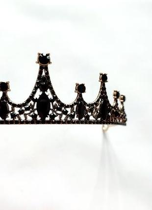 Корона черная золотая с черными камнями диадема тиара на голову женская коронка для...