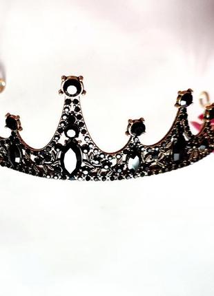 Корона черная золотая с черными камнями диадема тиара на голову женская коронка для...
