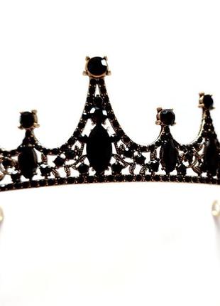 Корона черная золотая с черными камнями диадема тиара на голову женская коронка для...