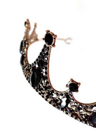 Корона черная золотая с черными камнями диадема тиара на голову женская коронка для...