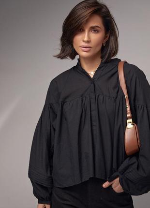 Хлопковая блузка с широкими рукавами на завязках расширенного фасона черная1 фото