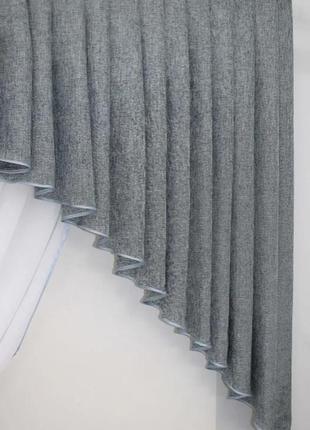 Кухонний комплект шторка з ламбрекеном (150х270см) льон. колір сірий з білим4 фото