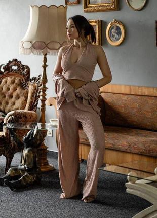 Стильний жіночий бежевий універсальний костюм трійка сорочка топ штани штани "dominica" тканина віскоза жатка