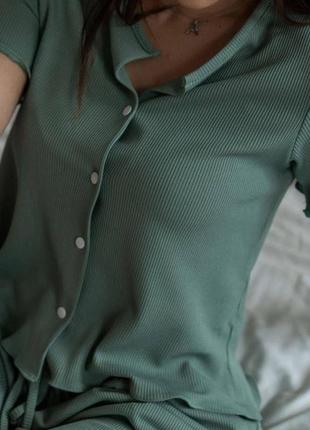 Женский пижамный костюм selena ткань вафельный трикотаж стильная натуральная зеленая женская пижама двойка3 фото