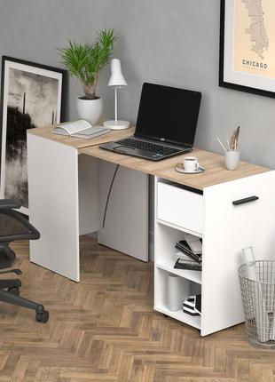 Стол-трансформер hobana белый и сонома с ящиком. столы смарт раскладные. компьютерный письменный для дома
