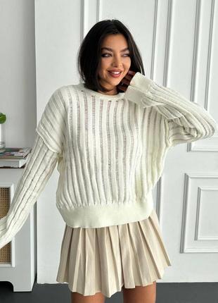 Базовый однотонный свитер с ажурным плетением2 фото