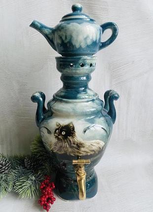 Керамічний електричний самовар із художнім розписом 3,5 л "благородні кіт"