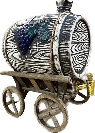 Керамічна бочка для вина v 6 л на дерев'яній возі