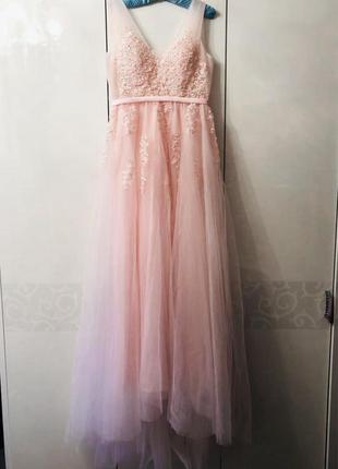 Платье длинное в пол выпускное вечернее розовое расшитое жемчугом шлейф хвост4 фото