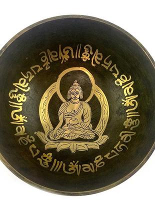 Чаша поющая бронзовая " будда" зеленая (19х 18.2х 8 см)4 фото