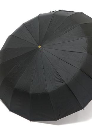 Мужской черный зонт на 16 спиц с деревянной ручкой