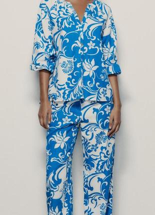 Zara неймовірний стильний костюм з льоном в принт квіти  класика сорочка і штани святковий
