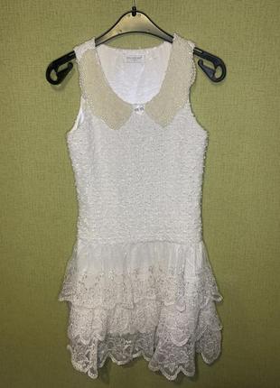 Платье сарафан colabear 9-11р белое ажурное с жемчужинами