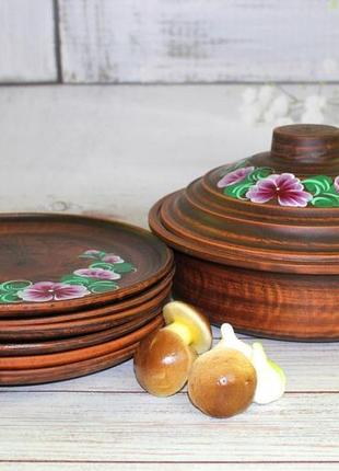 Набір рисовий із червоної глини керамклуб жаровня 3 л і 6 тарілок 25 см