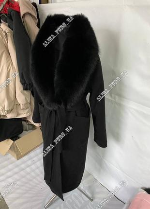 Стильне жіноче пальто, чорне довге пальто з хутром песця, пальто жіноче