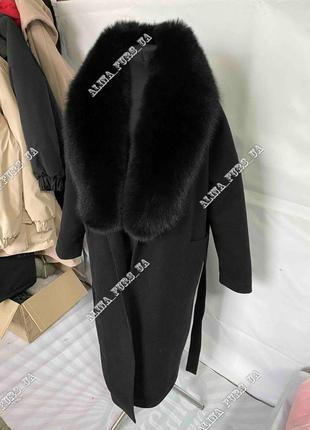 Стильное женское пальто, черное длинное пальто с мехом песца, пальто женское2 фото