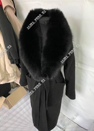 Стильное женское пальто, черное длинное пальто с мехом песца, пальто женское3 фото
