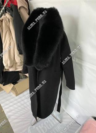 Стильное женское пальто, черное длинное пальто с мехом песца, пальто женское4 фото