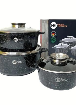 Набор кастрюль hk-301 красний с гранитным антипригарным покрытием higher kitchen набор посуды 6 предметов