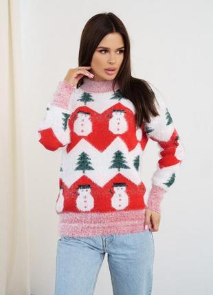 Мохеровий теплий светр зі сніговиками1 фото