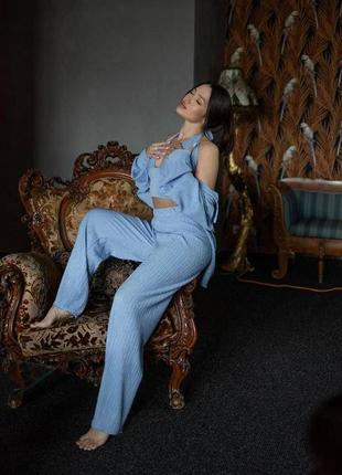 Стильный женский голубой универсальный костюм тройка рубашка топ штаны «dominica» ткань вискоза жатка5 фото