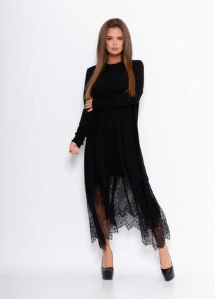 Чорне фактурне вільне плаття з мереживом s, m1 фото