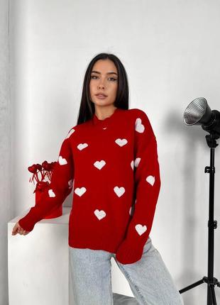 Стильный тёплый вязаный свитер с сердечками свободный бежевый белый чёрный красный розовый барби бордовый шерстяной кофта туника блуза