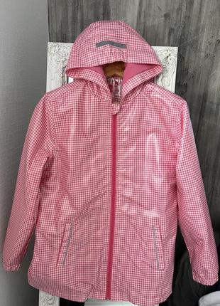 Лакированная куртка дождевик на флисе розовый с белым стильный дождевик для девчонки в гусиную лапку дождевик утепленный