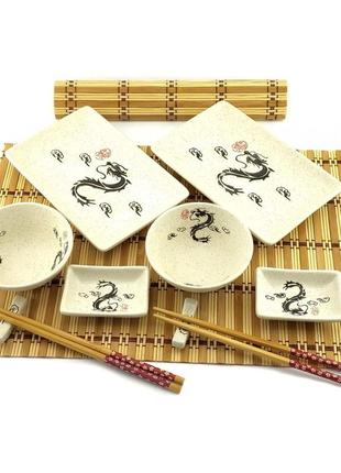 Сервиз для суши "драконы на белом фоне" (2 персоны)(39х27,5х5,5 см)1 фото