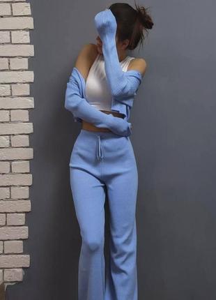 Костюм женский однотонный кофта на пуговицах брюки на высокой посадке качественный, стильный трендовый голубой серый