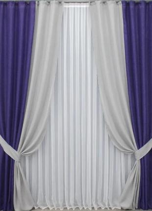 Комбіновані штори (2шт.1,65х2,8м) льон. колір фіолетовий з світло-сірим