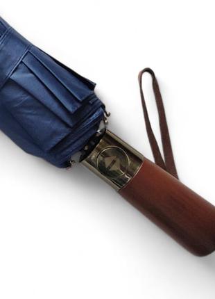 Мужской синий зонт на 16 спиц с деревянной ручкой3 фото
