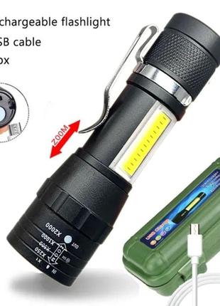 Ліхтарик акумуляторний xp-g q5 тактичний ручний з лінзою, 3 режими + кабель + кейс фанар кемпінговий