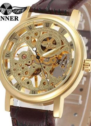 Стильные женские часы с японским механизмом - winner gold brown7 фото