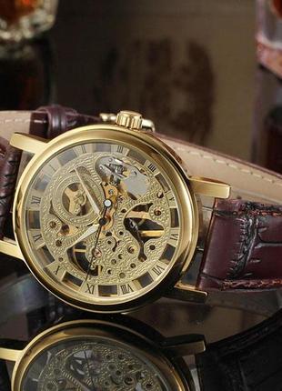 Стильные женские часы с японским механизмом - winner gold brown1 фото