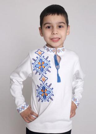 Вышиванка белая для мальчика с трезубом, вышиванка белая с длинным рукавом1 фото