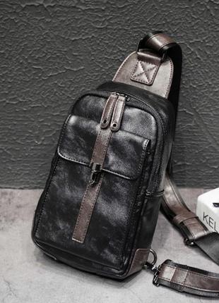 Большая мужская бананка сумка на грудь экокожа черная, сумка-бананка на плечо 1042